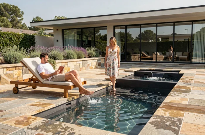 Couple profitant d'une piscine privée haut de gamme avec spa intégré et terrasse en pierre naturelle autour d'une piscine à 100 000 euros