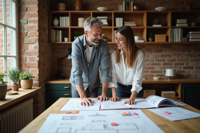 Couple étudiant des plans et des catalogues de produits dans un bureau à domicile moderne pour planifier l'équipement de leur habitat