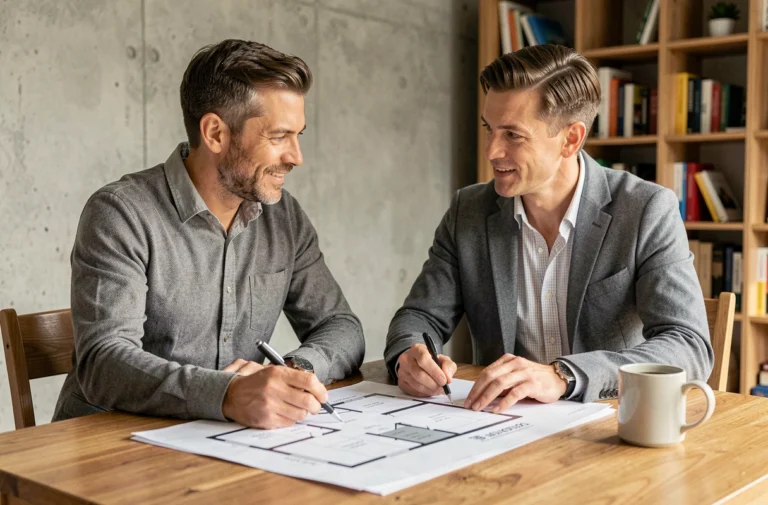Couple étudiant des plans immobiliers à une table en bois dans un appartement moderne, illustrant la préparation d'un projet immobilier