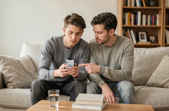 Couple consultant un smartphone sur un canapé pour trouver le contact d'urgence de leur gestionnaire immobilier Foncia