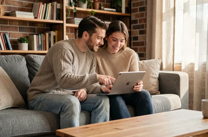 Couple recherchant des biens immobiliers en ligne sur une tablette dans leur salon