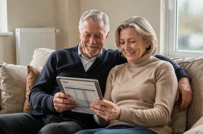 Couple de seniors consultant leur facture d'énergie réduite grâce à un chauffage économique