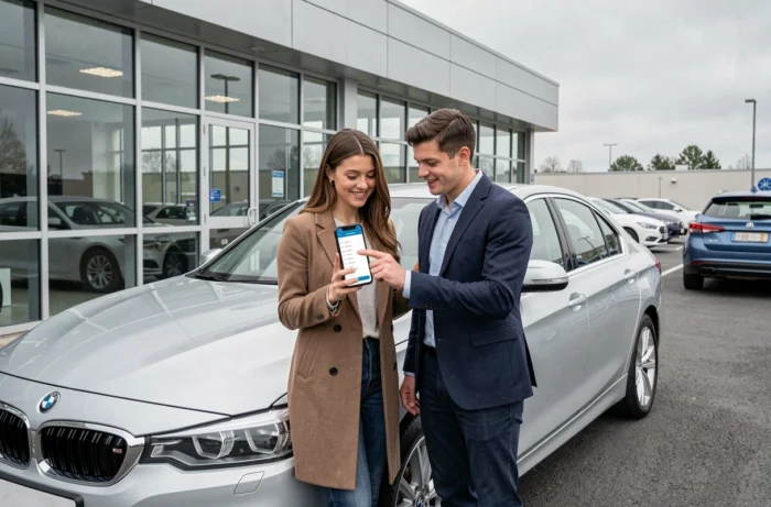 Couple consultant le plan du site Clic Auto sur smartphone devant une concession automobile