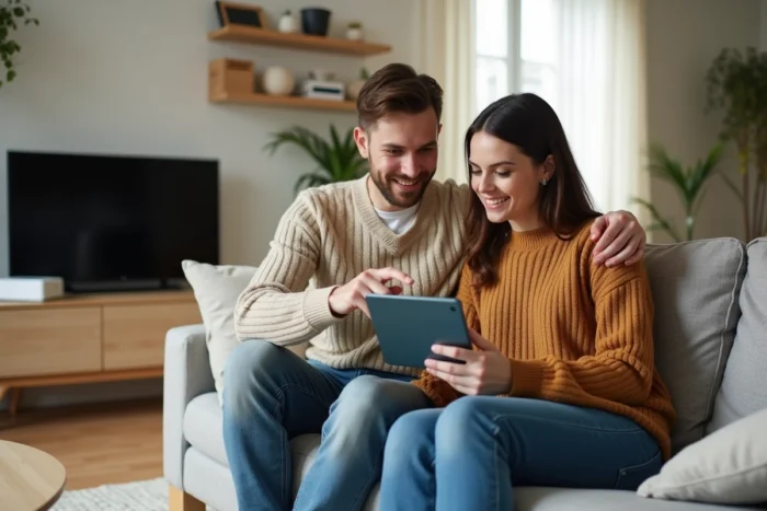 Couple comparant les résultats de vitesse Internet WiFi et fibre optique sur une tablette dans un salon