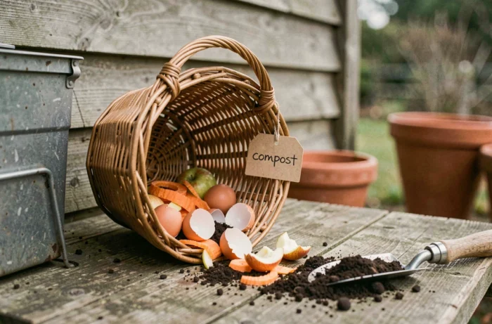 Épluchures et déchets organiques dans un panier en osier prêts à être compostés
