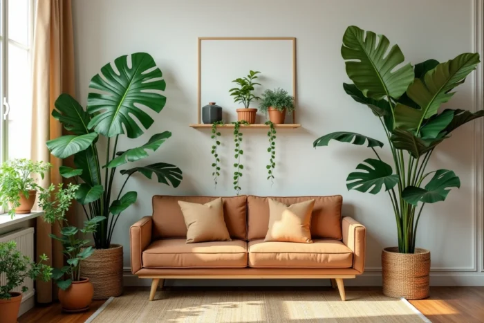 Coin salon décoré avec des plantes XXL de décoration biophilique incluant figuier lyré, monstera et pothos dans des pots en terre cuite