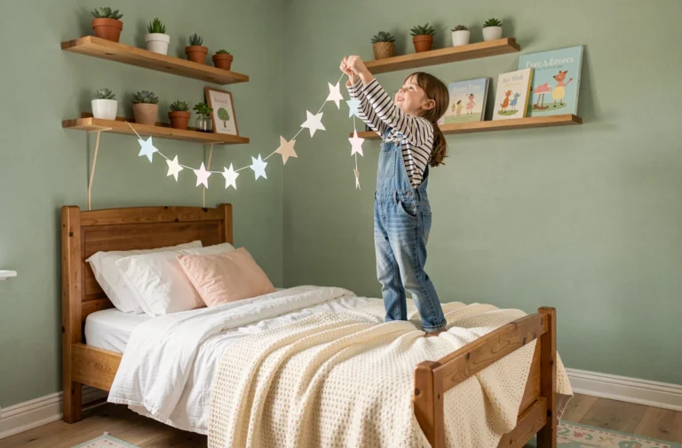 Petite fille décorant sa chambre avec une guirlande d'étoiles en papier au-dessus d'un lit en bois, ambiance douce et colorée