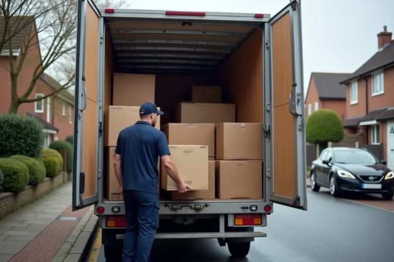 Déménageur chargeant des cartons dans un camion de location 4m3 garé dans une rue résidentielle
