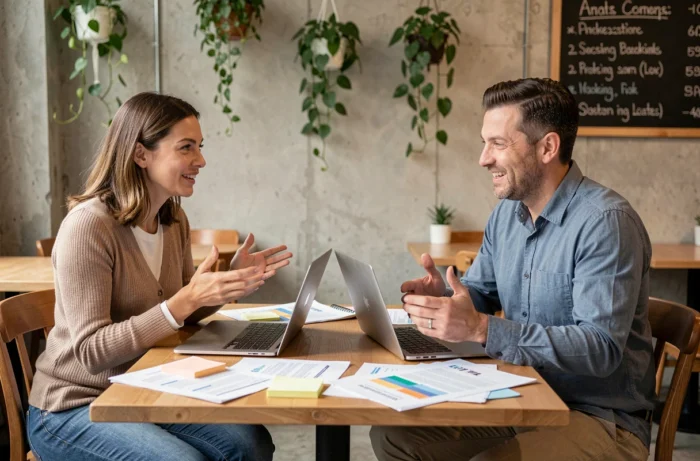 Deux entrepreneurs collaborant autour d'un café pour développer une stratégie de lancement d'activité en ligne