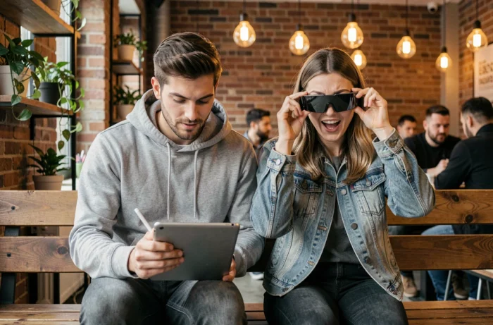 Deux personnes testant des gadgets high-tech innovants dans un café co-working contemporain