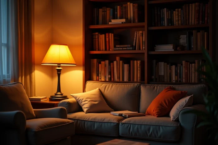 Coin lecture avec éclairage par couches superposant lampadaire, lampe de table et bandeaux LED sous étagère sans plafonnier