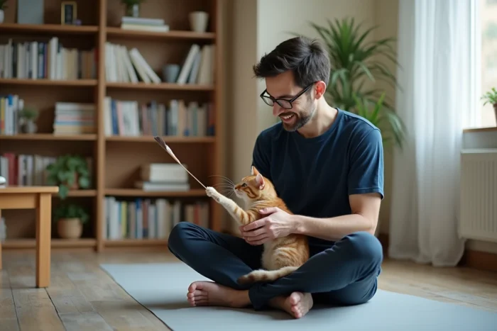 Homme jouant avec son chat tabby à l'aide d'un jouet plume dans un appartement, éducation et stimulation mentale du chat au quotidien
