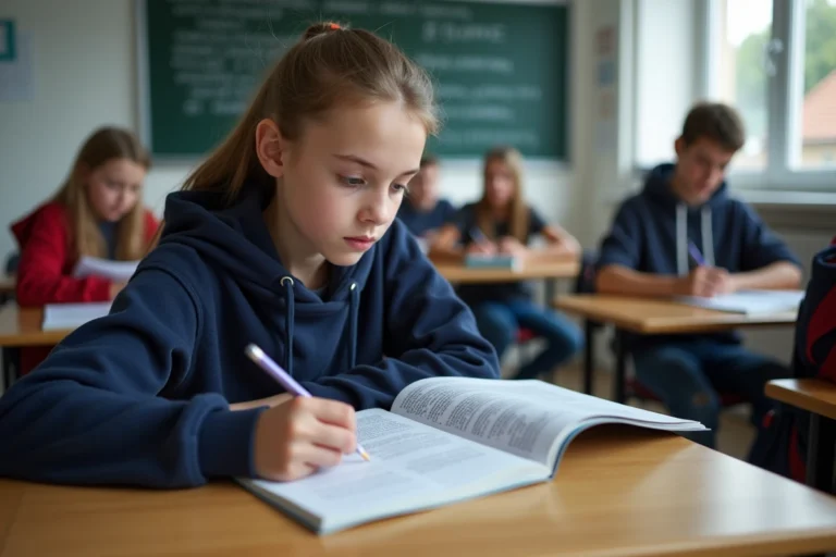 Élève lycéenne lisant un livret pédagogique dans une salle de classe française, programme Ma Classe 2023