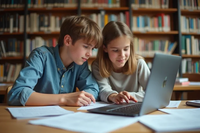 Deux élèves collaborant sur un ordinateur portable dans une bibliothèque scolaire dans le cadre du programme Ma Classe 2023