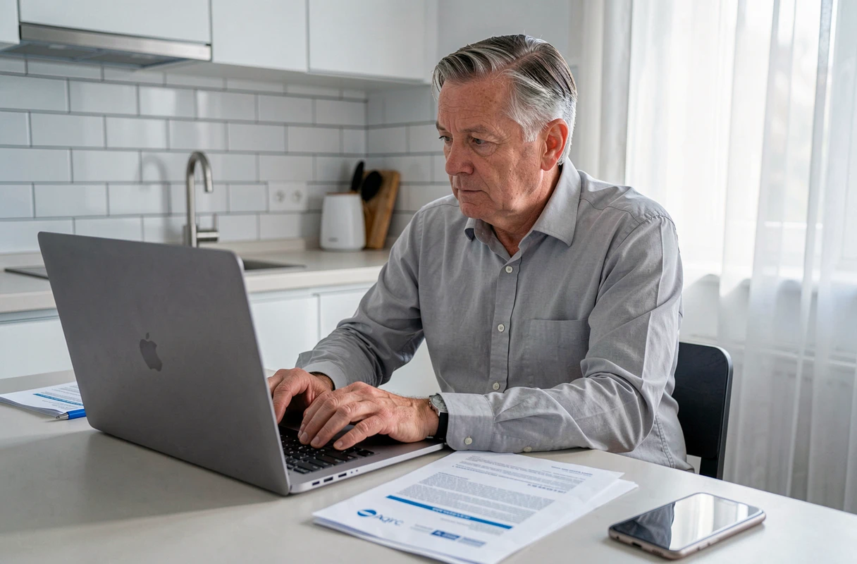Homme retraité envoyant un email à Agirc Arrco depuis son ordinateur portable avec ses relevés de pension posés sur la table