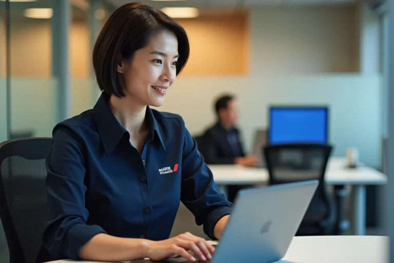 Employée Air France connectée au portail IPN sur un ordinateur portable dans un bureau professionnel
