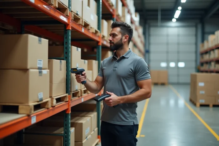 Employé logistique scannant des colis dans un entrepôt de distribution