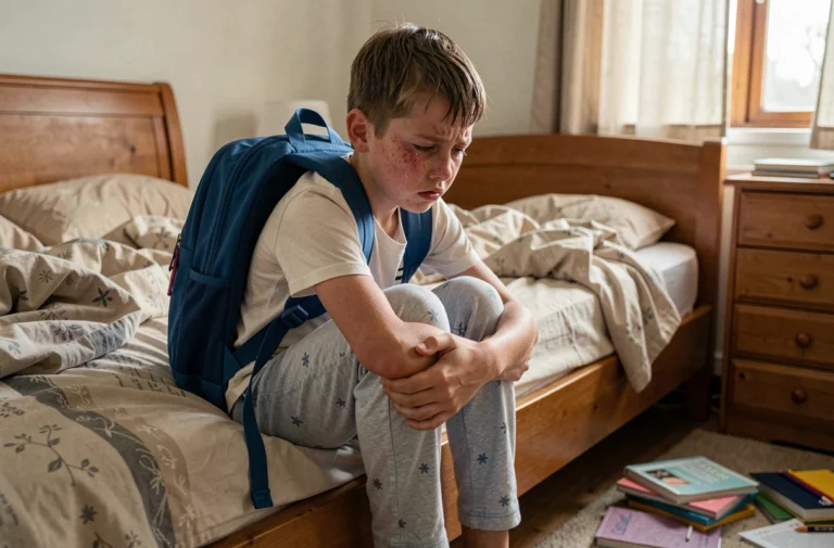 Jeune garçon anxieux assis sur son lit avec son cartable, exprimant une peur intense avant l'école, illustration de la didaskaleinophobie