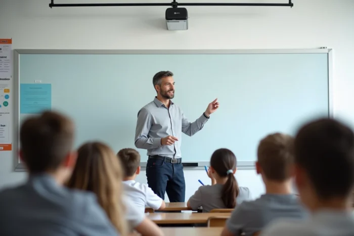 Enseignant présentant le programme Ma Classe 2023 à des élèves dans une salle de classe moderne en France