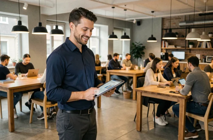 Jeune entrepreneur en espace de coworking analysant son business plan sur une tablette pour réussir son activité en ligne
