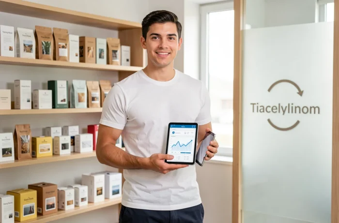 Jeune entrepreneur présentant un tableau de bord digital devant des produits de services innovants dans un studio professionnel