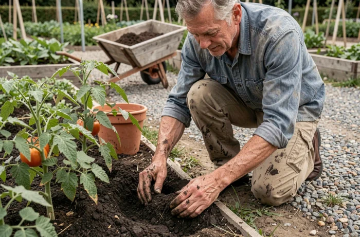 Homme épandant du compost mûr autour des plants de tomates dans un potager