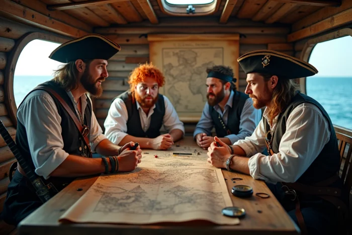 Groupe de pirates en costumes inspirés de One Piece réunis autour d'une table avec des cartes de navigation dans la cabine d'un navire en bois