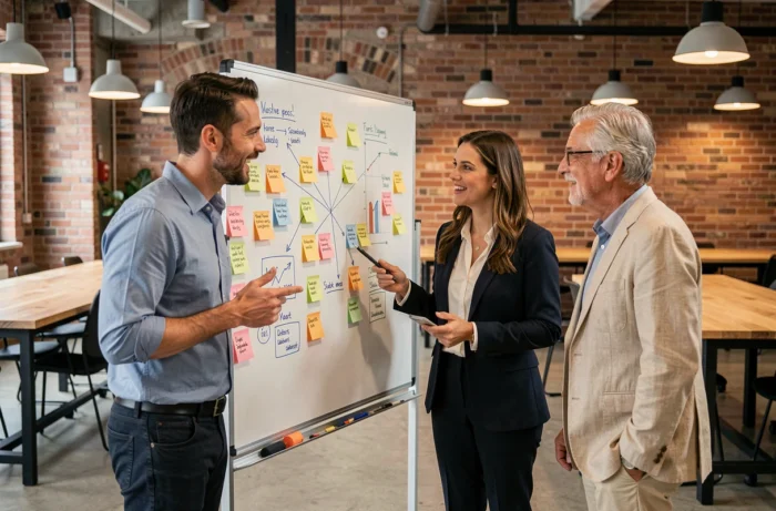 Équipe diversifiée collaborant autour d'un tableau stratégique dans un espace de coworking moderne pour développer des services innovants