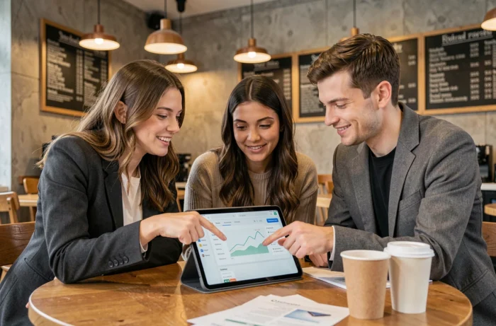 Groupe de jeunes professionnels explorant des ressources numériques pour leur business en ligne autour d'une tablette dans un café moderne et collaboratif
