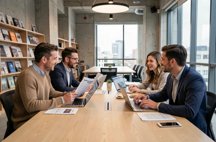 Équipe de journalistes discutant des dernières actualités autour d'une table dans un bureau médiatique moderne