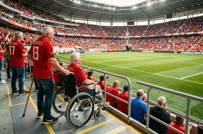 Un couple âgé avec des aides à la mobilité installé dans l'espace réservé aux spectateurs handicapés d'un stade lors d'un match