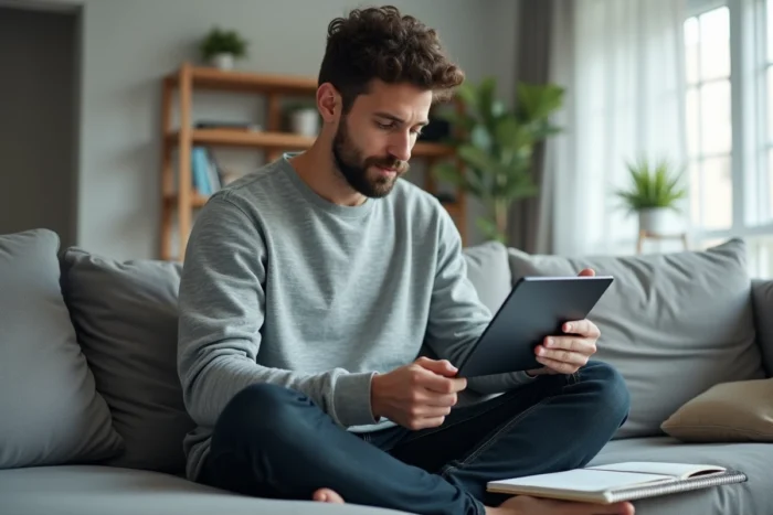 Jeune homme étudiant en ligne pour obtenir un diplôme d'éducateur de jeunes enfants depuis son salon