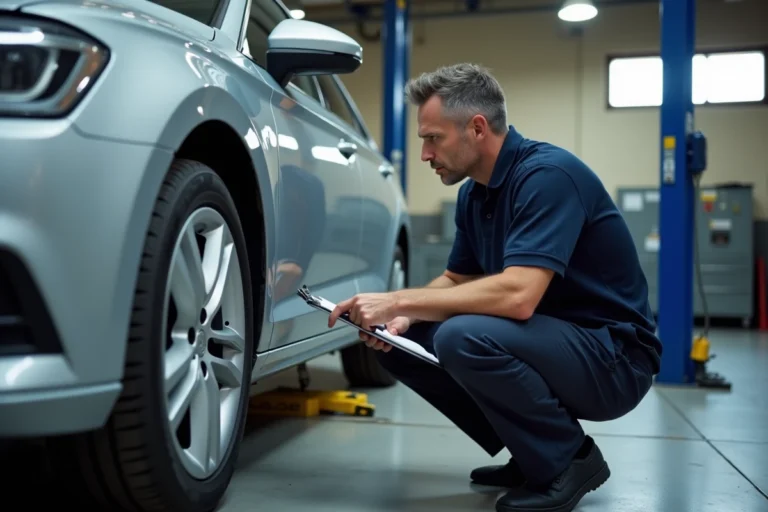 Expert automobile inspectant une voiture dans un garage professionnel à Aix-en-Provence