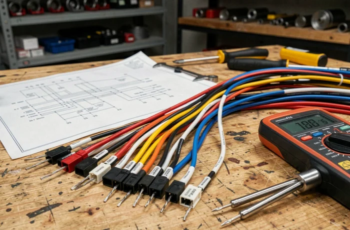 Faisceau de câblage autoradio Peugeot avec connecteurs multicolores et schéma électrique sur établi de garage