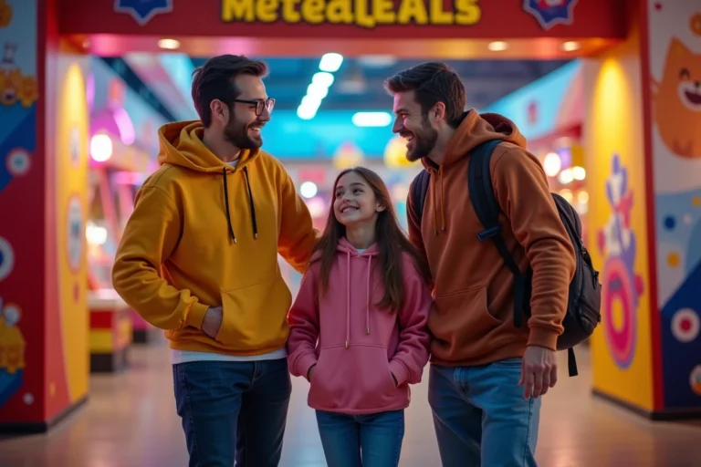 Famille souriante devant l'entrée de Badaboom Thionville, centre de loisirs et d'animations pour enfants et adultes
