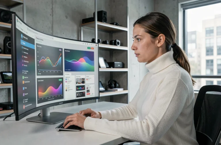Femme consultant les dernières actualités high-tech sur un écran ultrawide dans un bureau moderne