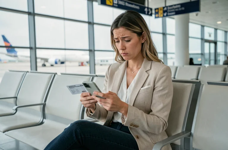 Femme à l'aéroport consultant son téléphone avec une carte d'embarquement EasyJet à la main, démarches de changement de nom sur un vol