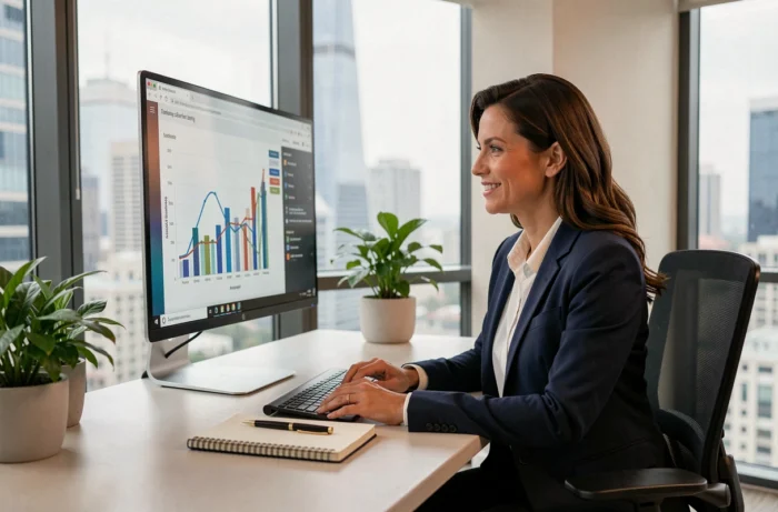 Femme d'affaires professionnelle analysant des données innovantes sur un écran dans un bureau moderne pour booster son entreprise