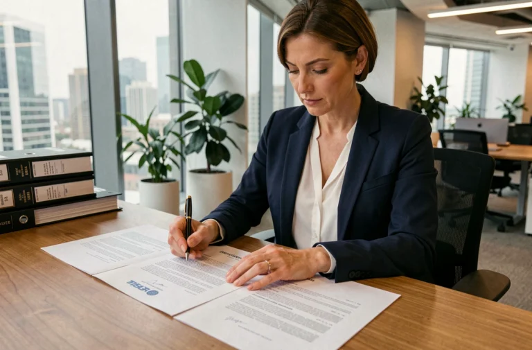 Femme d'affaires en blazer marine signant un contrat commercial dans un bureau moderne avec grandes fenêtres