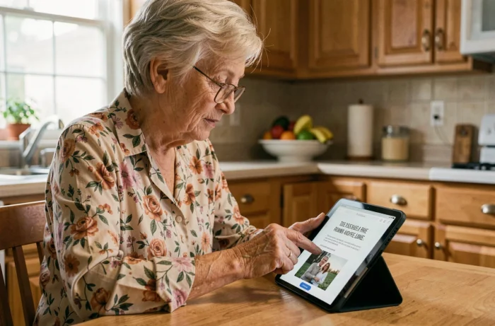 Femme âgée envoyant une carte postale en ligne à sa famille depuis sa cuisine