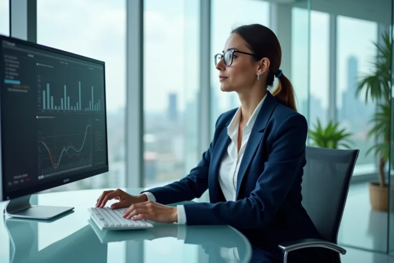 Femme cadre analysant des graphiques financiers sur un écran dans un bureau moderne avec vue sur la ville