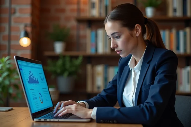 Femme analyste SEO travaillant sur des données de référencement naturel devant un ordinateur portable dans un bureau moderne