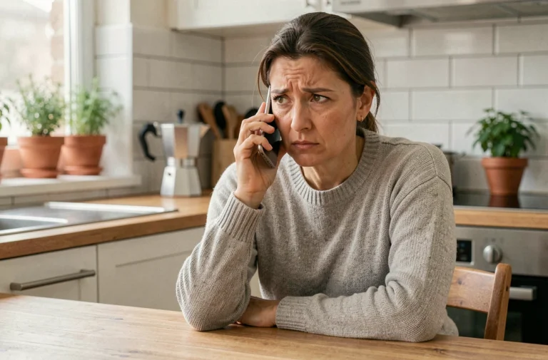 Femme en appartement qui appelle le service d'assistance Foncia depuis son smartphone en cas d'urgence