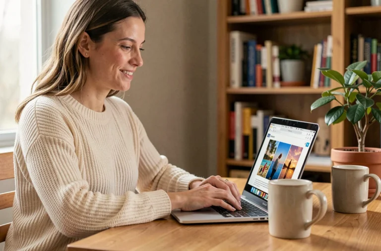Femme souriante envoyant une carte postale en ligne depuis son bureau à domicile