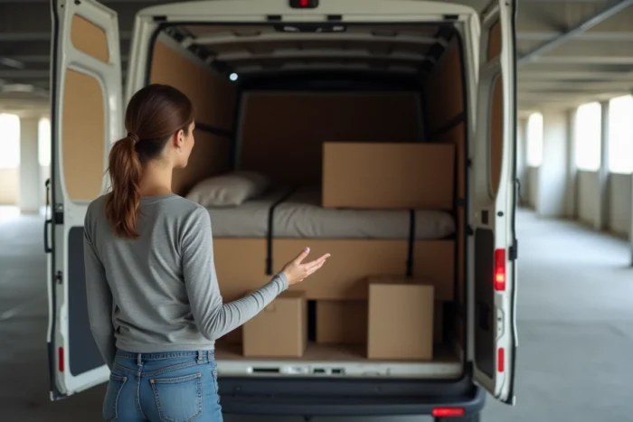 Femme organisant le chargement de meubles et cartons dans un camion 4m3 dans un parking d'immeuble
