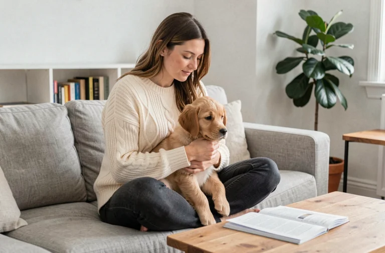 Femme tenant un chiot golden retriever dans ses bras en consultant des documents sur une assurance animaux