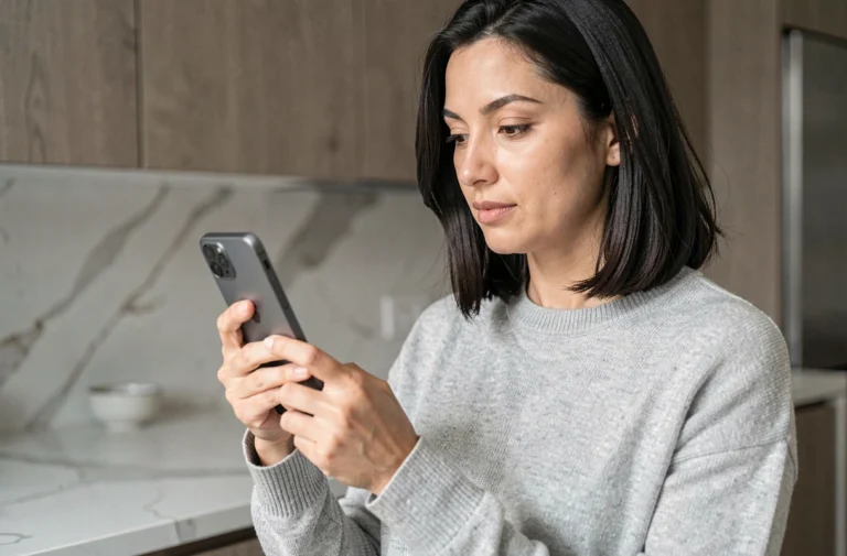 Femme consultant son smartphone dans une cuisine moderne pour choisir le meilleur modèle en 2024