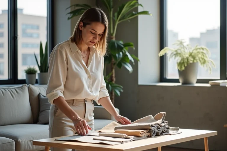 Femme examinant des échantillons de matériaux dans un salon moderne et minimaliste pour choisir l'équipement idéal de son habitat