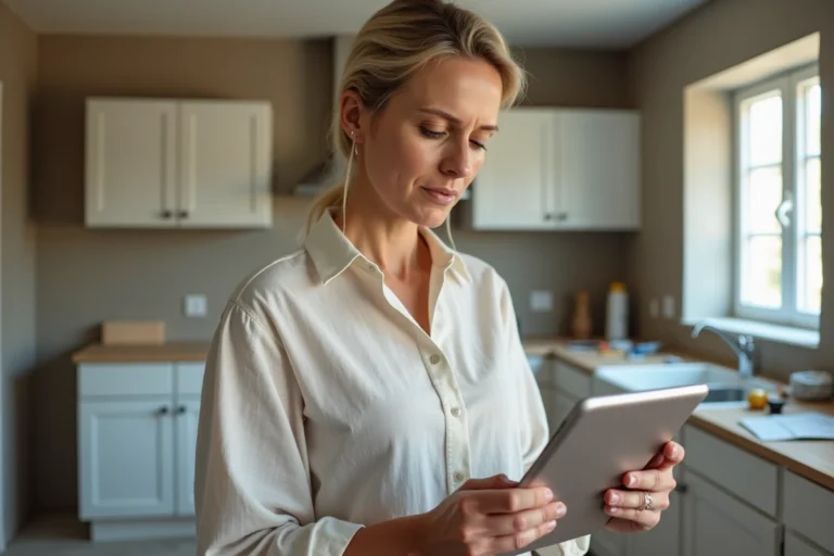 Femme comparant des devis de rénovation sur une tablette dans une cuisine en travaux