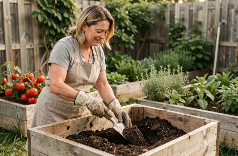 Femme en train de retourner du compost dans un bac en bois au milieu d'un potager verdoyant